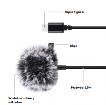 Puluz Mikrofon Jack krawatowy z klipsem 1,5m USB-C PU425