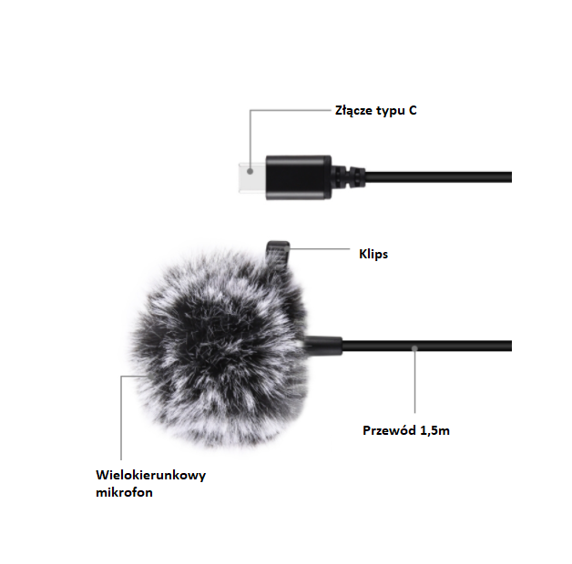 Puluz Mikrofon Jack krawatowy z klipsem 1,5m USB-C PU425