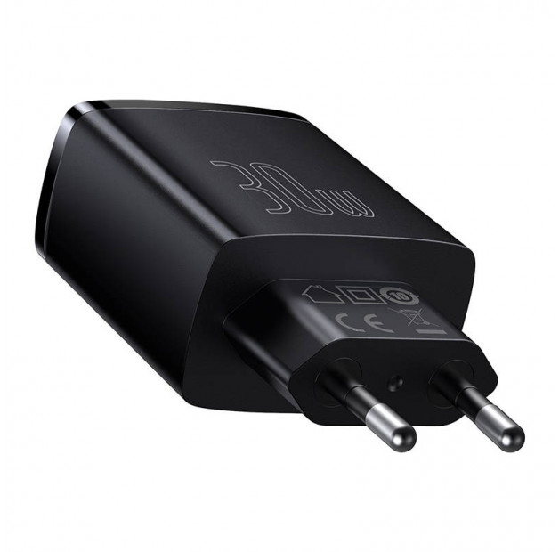 Ładowarka sieciowa Baseus Compact Quick Charger, 2xUSB, USB-C, PD, 3A, 30W (czarna)