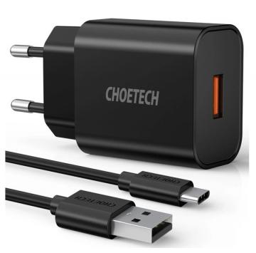 Choetech szybka ładowarka sieciowa Quick Charge 3.0 18W 3A + kabel USB - USB Typ C 1m czarny (Q5003)