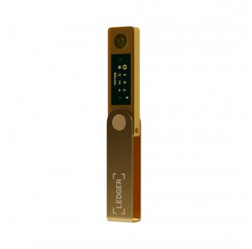 Wyświetlacz Ledger Nano X Gold pokazujący listę obsługiwanych kryptowalut: BTC, ETH, XRP.
