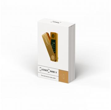 Złoty Ledger Nano X z kablem USB-C i opakowaniem – bezpieczny portfel offline.