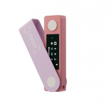Ledger Nano X w kolorze Pastel Pink – widok z boku urządzenia z przyciskami nawigacyjnymi