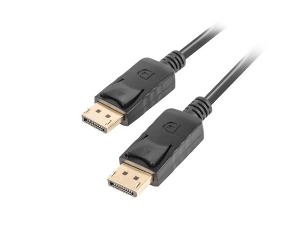 Kabel DisplayPort Lanberg – zbliżenie dwóch wtyków DP z pozłacanymi stykami i zatrzaskiem