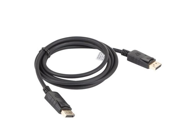 Kabel DisplayPort 1,8 m Lanberg zwinięty w krąg, widoczny czarny przewód i wtyk DP