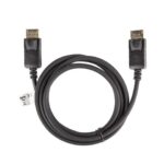 Kabel DisplayPort 4K Lanberg rozłożony, oba wtyki DP obok siebie i etykieta na przewodzie