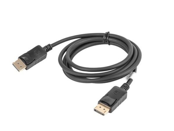 Czarny kabel DisplayPort 1,8 m Lanberg zwinięty, oba wtyki DP widoczne z profilu