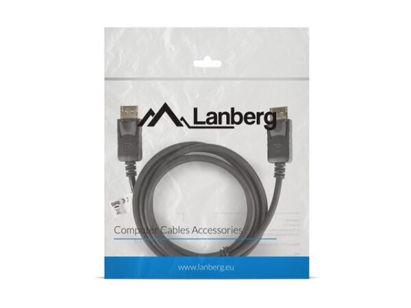 Opakowanie kabla DisplayPort Lanberg – przezroczysta torebka z logo i adresem lanberg.eu