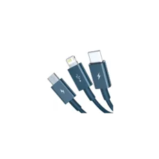Trzy wtyki kabla 3w1 Baseus Superior obok siebie: micro USB, Lightning i USB-C