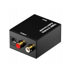 Czarny konwerter audio cyfrowo-analogowy z napisem Digital to Analog Audio Converter, widoczne gniazda RCA i gniazdo zasilania