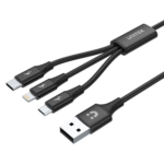 Uniwersalny przewód ładujący Unitek C14049BK 3-w-1 z końcówkami Lightning, USB-C i Micro-USB, czarny, z nylonowym oplotem