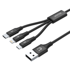 Uniwersalny przewód ładujący Unitek C14049BK 3-w-1 z końcówkami Lightning, USB-C i Micro-USB, czarny, z nylonowym oplotem