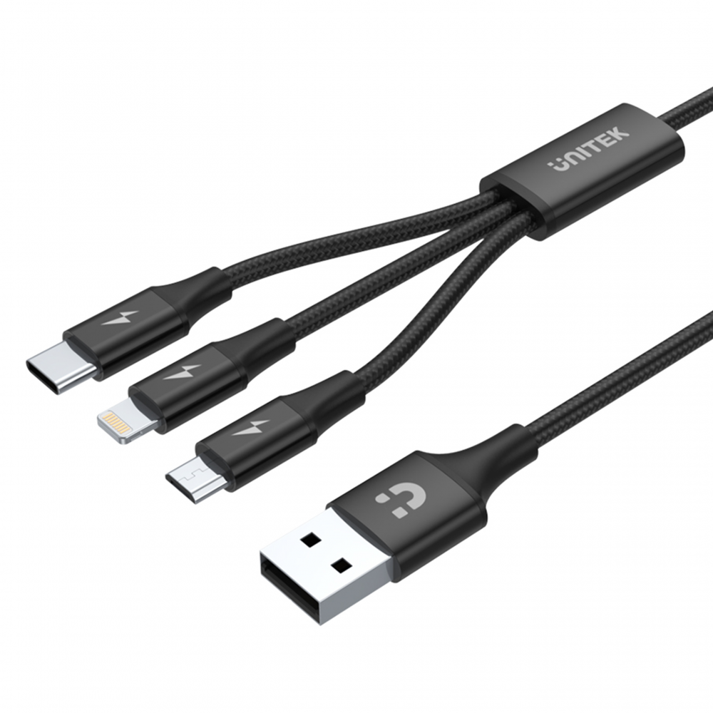 Uniwersalny przewód ładujący Unitek C14049BK 3-w-1 z końcówkami Lightning, USB-C i Micro-USB, czarny, z nylonowym oplotem Uniwersalny przewód ładujący Unitek C14049BK 3-w-1 z końcówkami Lightning, USB-C i Micro-USB, czarny, z nylonowym oplotem