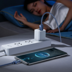 Kabel USB-C do USB-C w oplocie niebieski podłączony do ładowarki