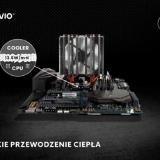 Schemat ukazujący radiator i CPU z opisem przewodności cieplnej $13.5 \, \text{W/mK}$ pasty Savio TG-03, podkreślający wysokie przewodzenie ciepła.