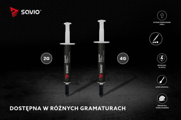 Dwie strzykawki z pastą Savio GLACIER TG-03 o pojemności 2g i 4g. Prezentacja dostępnych gramatur.