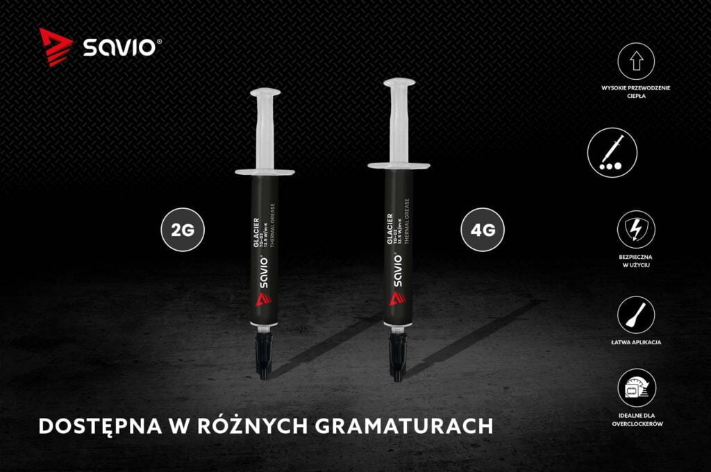 Pasta Savio GLACIER TG-03 dostępna w gramaturach 2g i 4g Dwie strzykawki z pastą Savio GLACIER TG-03 o pojemności 2g i 4g. Prezentacja dostępnych gramatur.
