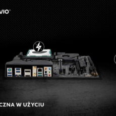 Pasta termoprzewodząca Savio GLACIER TG-03 na płycie głównej. Grafika podkreśla bezpieczeństwo użycia pasty dzięki braku przewodnictwa elektrycznego.