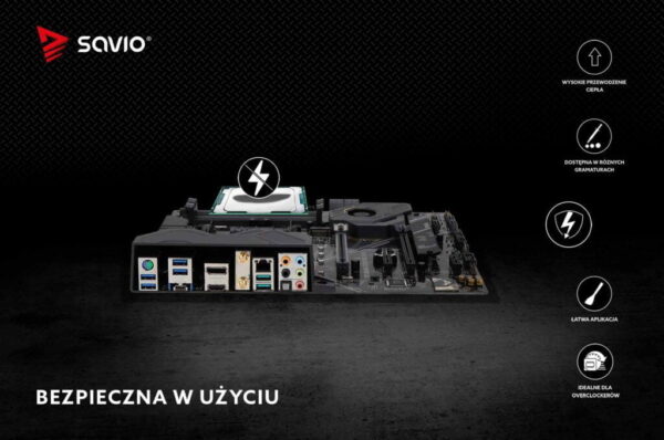 Pasta termoprzewodząca Savio GLACIER TG-03 na płycie głównej. Grafika podkreśla bezpieczeństwo użycia pasty dzięki braku przewodnictwa elektrycznego.