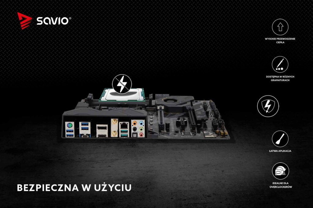 TG-03-Pasta-termoprzewodzaca-2g-04-bezpieczne-w-uzyciu-1024×680 Pasta termoprzewodząca Savio GLACIER TG-03 na płycie głównej. Grafika podkreśla bezpieczeństwo użycia pasty dzięki braku przewodnictwa elektrycznego.