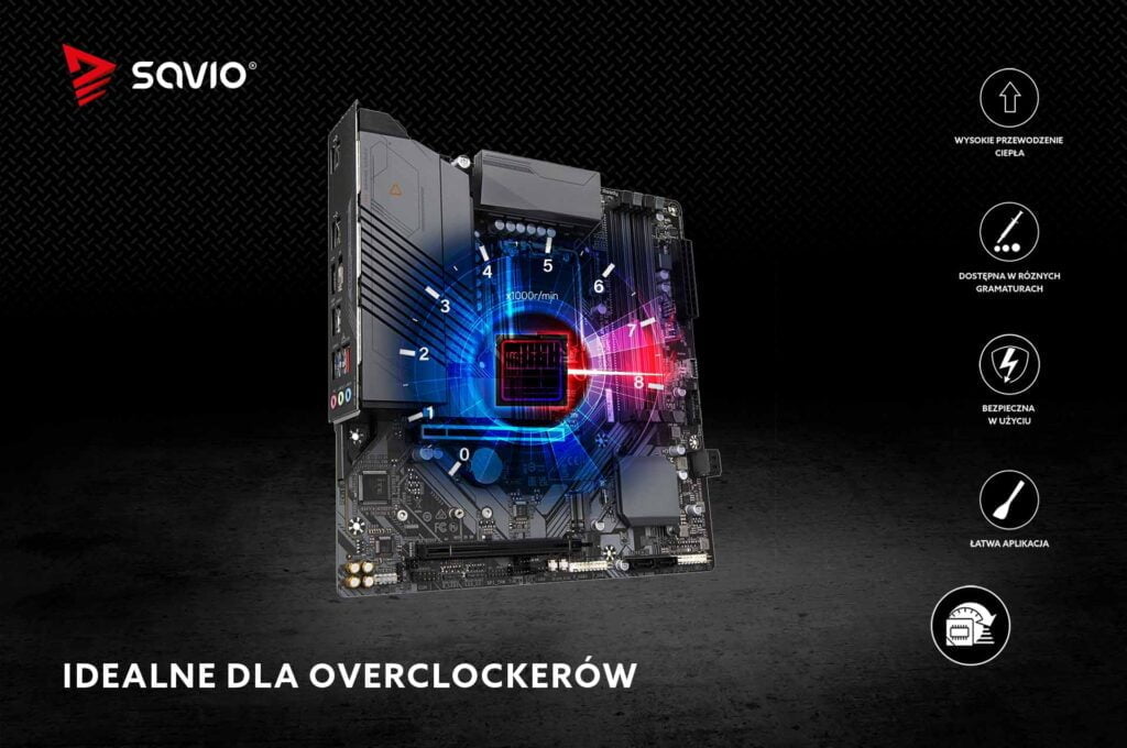 TG-03-Pasta-termoprzewodzaca-2g-06-Idealne-dla-overlclockerow-1024×680 Pasta termoprzewodząca Savio GLACIER TG-03 na płycie głównej. Grafika podkreśla bezpieczeństwo użycia pasty dzięki braku przewodnictwa elektrycznego.