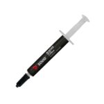 Strzykawka z czarną pastą termoprzewodzącą Savio GLACIER TG-03 2g na białym tle. Widoczna specyfikacja: 13.5 W/mK Thermal Grease.