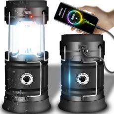 Retoo M014A latarnia kempingowa LED wodoodporna – funkcja powerbanku USB ładuje smartfon (80%), widok latarni z przodu i z tyłu z kablem