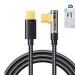 Kabel kątowy USB-C do USB-C marki Joyroom o mocy 100W w czarnym nylonowym oplocie z przezroczystą obudową wtyczki ukazującą elektronikę.