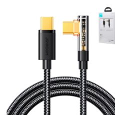 Kabel kątowy USB-C do USB-C marki Joyroom o mocy 100W w czarnym nylonowym oplocie z przezroczystą obudową wtyczki ukazującą elektronikę.