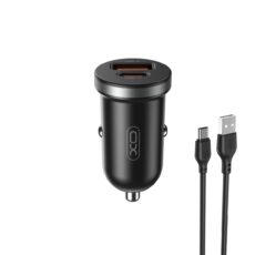 Czarna podwójna ładowarka samochodowa XO-CC56 z portami USB-A i USB-C oraz dołączonym czarnym kablem USB Type-C