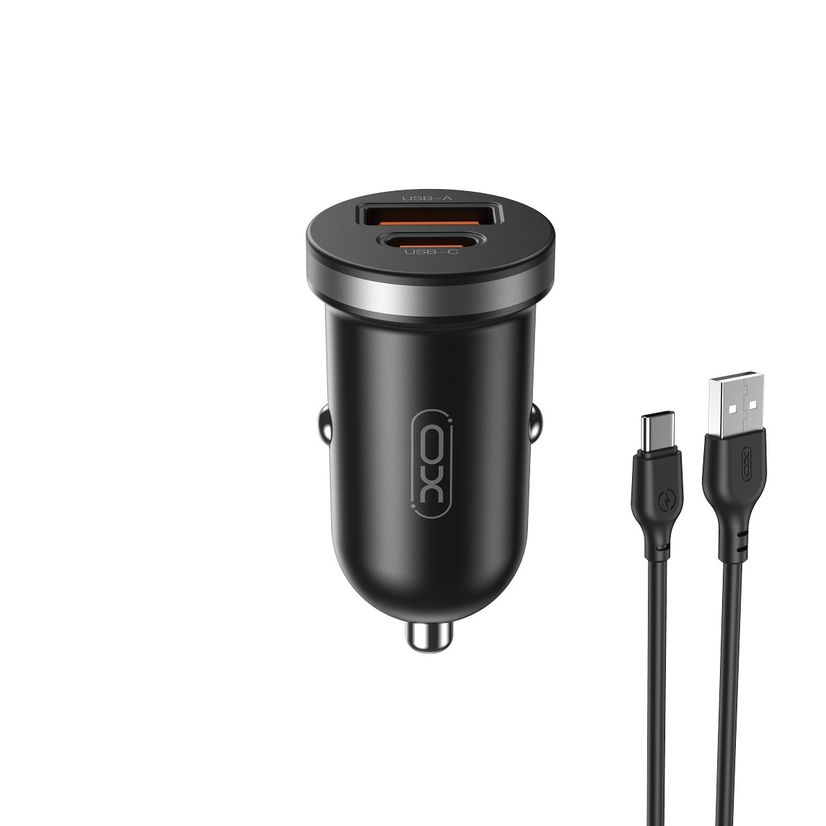 adowarka-samochodowa-xo-cc56-30w-dwuportowa-z-kablem-usb-c.jpg Czarna podwójna ładowarka samochodowa XO-CC56 z portami USB-A i USB-C oraz dołączonym czarnym kablem USB Type-C