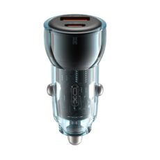 Ładowarka samochodowa XO XC-C60 60W USB-C PD 30W USB-A QC 30W z przezroczystą obudową i dwoma portami ładowania.