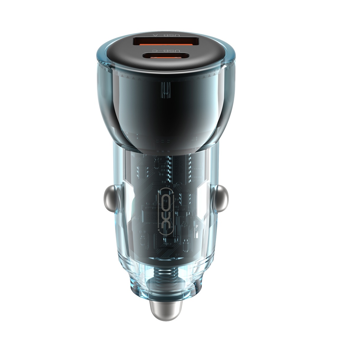 Ładowarka samochodowa XO XC-C60 60W USB-C PD 30W USB-A QC 30W – produkt Ładowarka samochodowa XO XC-C60 60W USB-C PD 30W USB-A QC 30W z przezroczystą obudową i dwoma portami ładowania.