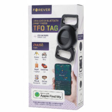 Opakowanie lokalizatora Forever FindMy TFO Tag z czarnym etui do paska, kompatybilnego z Apple Find My. Lokalizator Bluetooth do kluczy, plecaka, bagażu, roweru i samochodu.