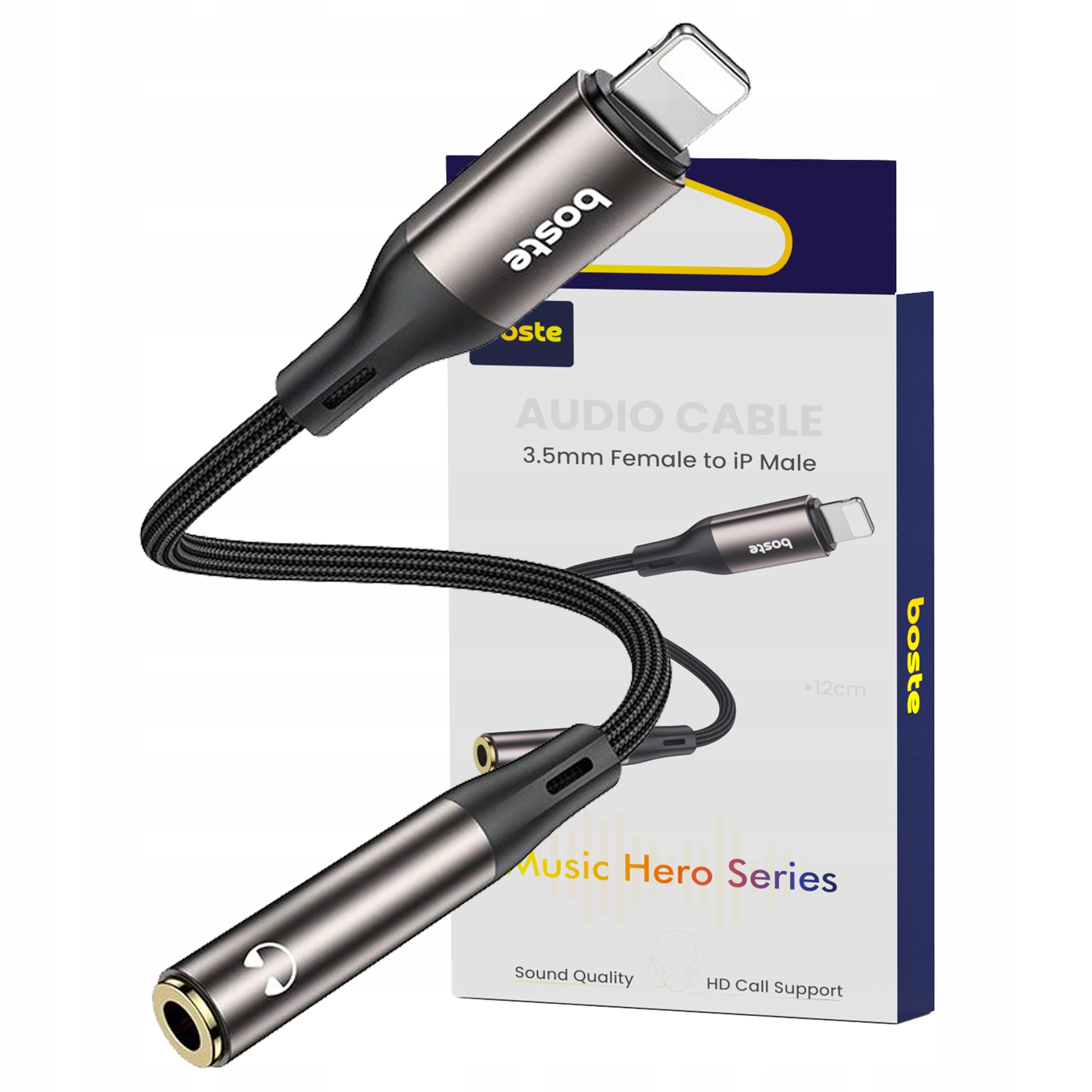 Adapter Boste Lightning na Mini Jack 3.5mm AUX do iPhone Grupowe zdjęcie adaptera audio marki Boste z Lightning na mini jack 3.5mm na tle oryginalnego biało-niebieskiego opakowania Music Hero Series.