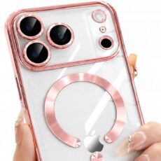 Przezroczyste etui MagSafe do iPhone z różowo-złotą ramką, pierścieniem MagSafe i osłoną aparatu.