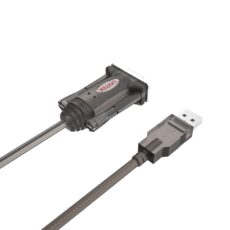 Konwerter USB na RS232 Unitek Y-1105D z oplotem i przezroczystymi obudowami wtyków DB9 i USB-A na białym tle.