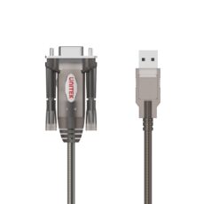 Wtyk męski USB-A oraz wtyk żeński RS232 DB9 ze śrubami montażowymi w kablu Unitek Y-1105D, ujęcie z góry.