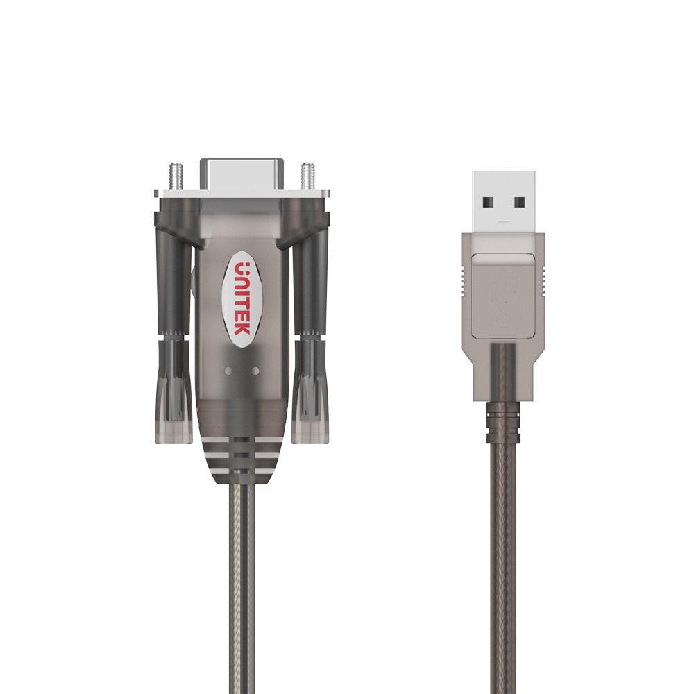 Adapter Unitek USB do RS232 DB9 Y-1105D – Złącza Wtyk męski USB-A oraz wtyk żeński RS232 DB9 ze śrubami montażowymi w kablu Unitek Y-1105D, ujęcie z góry.