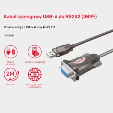 Infografika produktu Unitek Y-1105D: długość 2M, zasilanie z magistrali, obsługa zdalnego wybudzania, konwersja USB-A na RS232 DB9F.