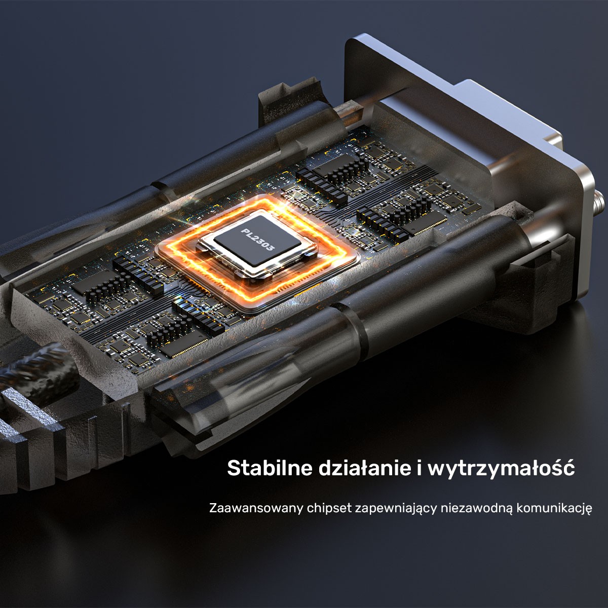 Zaawansowany procesor Prolific PL2303 w Unitek Y-1105D Przekrój obudowy wtyku kabla Unitek Y-1105D pokazujący podświetlony chipset Prolific PL2303 odpowiedzialny za stabilną transmisję.