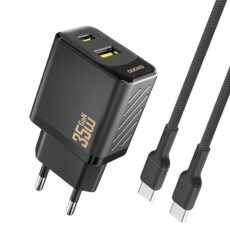 Czarna ładowarka sieciowa 35W Dudao A27MaxCEU z portem USB-C i kablem ładującym w zestawie.