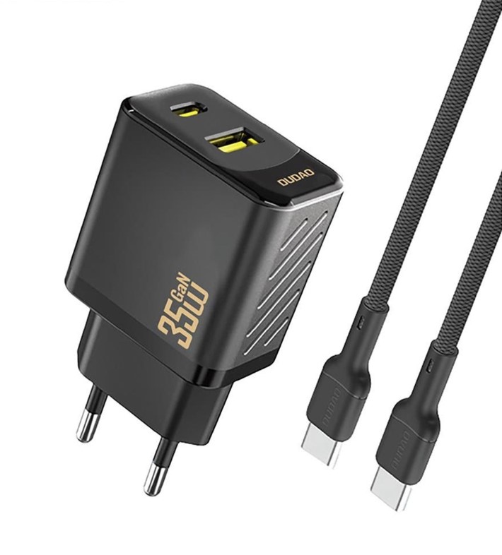 Ładowarka sieciowa Dudao 35W USB C + kabel GaN Czarna ładowarka sieciowa 35W Dudao A27MaxCEU z portem USB-C i kablem ładującym w zestawie.