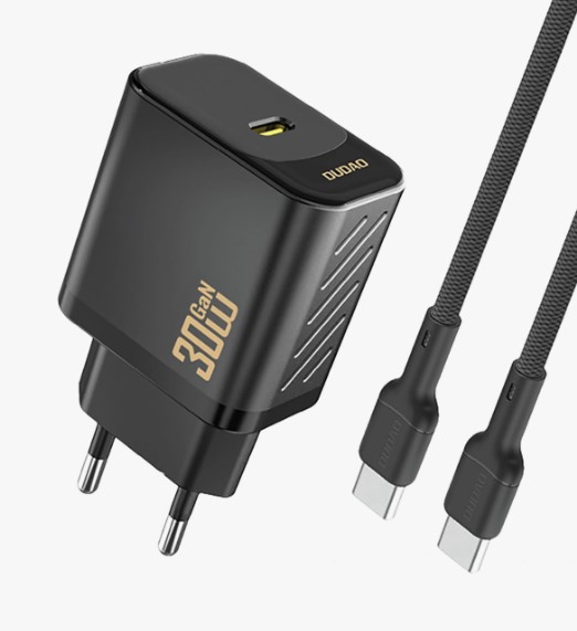 Ładowarka sieciowa Dudao 30W GaN USB-C z kablem – czarna Czarna ładowarka sieciowa Dudao 30W GaN z portem USB-C i czarnym kablem w oplocie.