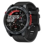 Smartwatch Zeblaze Stratos 4 — zbliżenie na tarczę z tętnem, krokami i baterią
