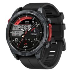 Smartwatch Zeblaze Stratos 4 — zbliżenie na tarczę z tętnem, krokami i baterią