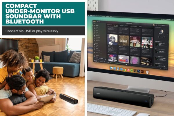 Głośnik Creative Stage Air V2 pod monitorem komputera z odtwarzaczem Spotify