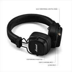Marshall Major V Bluetooth – opis funkcji: pokrętło, przycisk M, USB-C, jack 3,5 mm