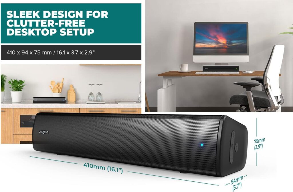 Głośnik Creative Stage Air V2 z wymiarami na biurku i w kuchni