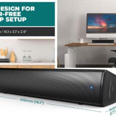 Głośnik Creative Stage Air V2 z wymiarami na biurku i w kuchni